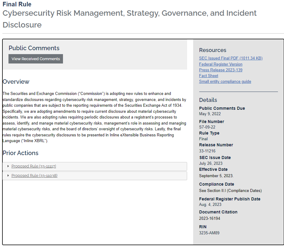 Overview of Final Rule: Cybersecurity Risk Management, Strategy, Governance, and Incident Disclosure from SEC Website